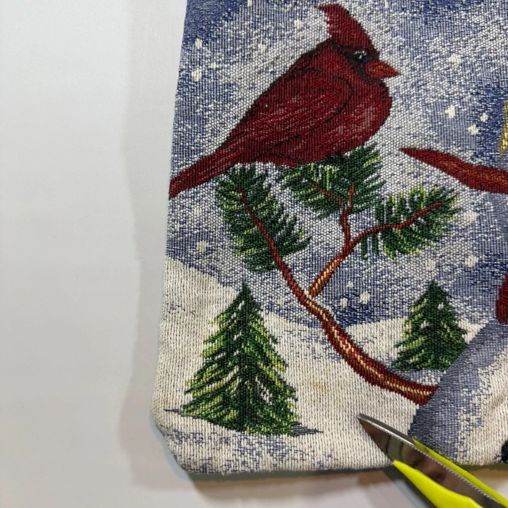 VTG Snowman Cardinal Tapestry Tote Bag Large Blue Holiday Winter Cottagecore